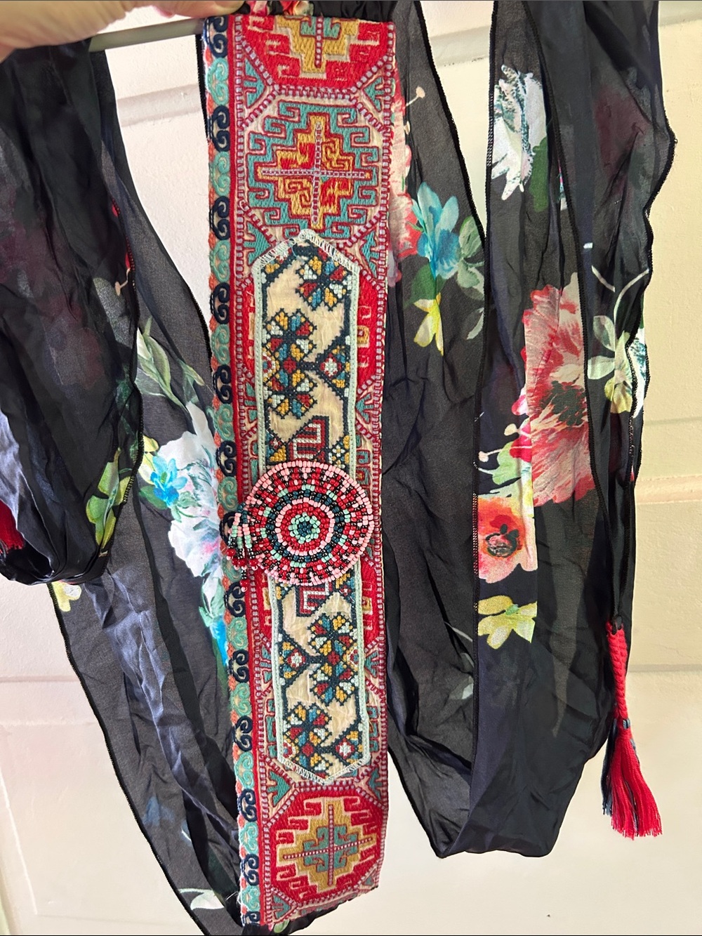 Johnny Was Silk Beaded Embroidered Floral Scarf Belt with Red Tassels - Picture 2 of 9
